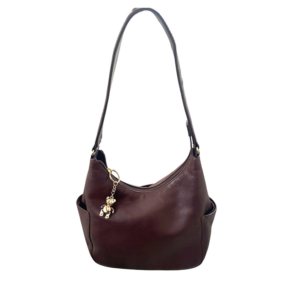 Brown Genuine Leather Shoulder Bag Teddy Bear Charm Hobo Purse by St Johns Bay